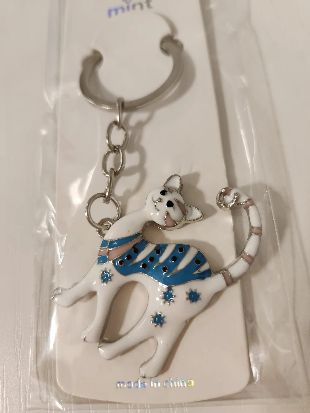 Mint Silver Cat Keychain with Blue And White Enamel